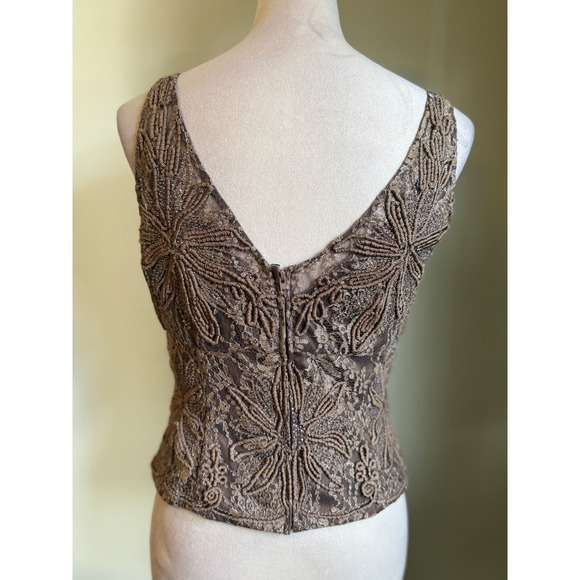 Carmen Marc Valvo Beaded boho Top Y2K embroidered shimmer fairy silk brown 8 - Picture 4 of 8